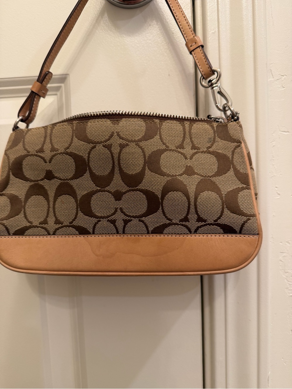 Coach Brown Signature Canvas Shoulder Bag with Tan Leather Trim - Picture 2 of 10